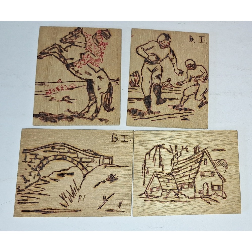 Lot‎ Of 4 Vtg Small Pyrographi Wood Burn Pictures Scene Cowboy Football